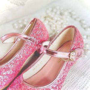 HANKAYOU | 34 / 5 | Girls’ Pink Glitter Low Heel Mary Jane Sparkle Shoe